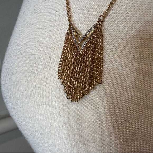 Gold Geometric Chevron Necklace with chain Fringe embezzled CZ stones - Picture 2 of 5